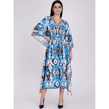 First Resort by Ramola Bachchan Blue Ikat Print Mid Length Kaftan