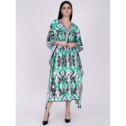 First Resort by Ramola Bachchan Green Ikat Print Mid Length Kaftan
