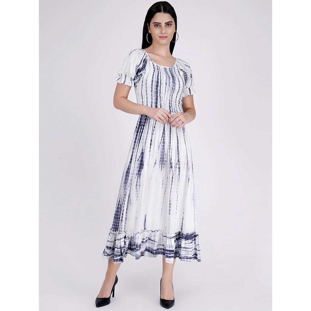 First Resort by Ramola Bachchan Indigo Tie-Dye Smocking Long Dress With Frill