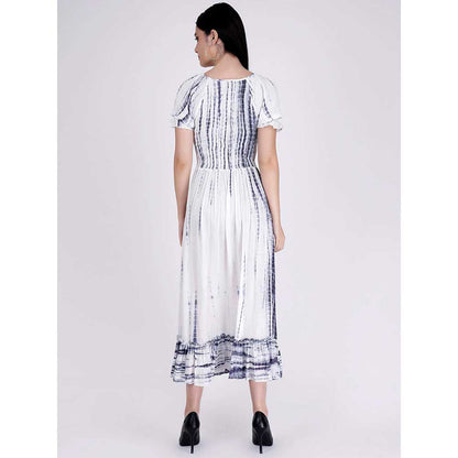 First Resort by Ramola Bachchan Indigo Tie-Dye Smocking Long Dress With Frill