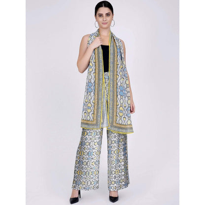 First Resort by Ramola Bachchan Yellow Geometric Pleated Palazzo And Stole Set (Set of 2)
