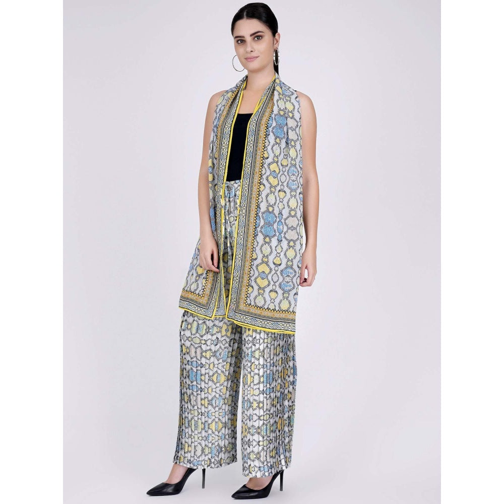 First Resort by Ramola Bachchan Yellow Geometric Pleated Palazzo And Stole Set (Set of 2)