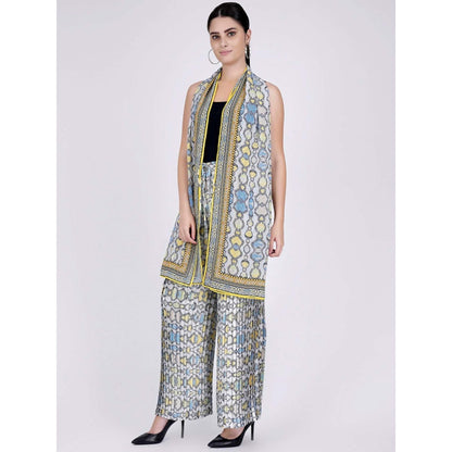 First Resort by Ramola Bachchan Yellow Geometric Pleated Palazzo And Stole Set (Set of 2)
