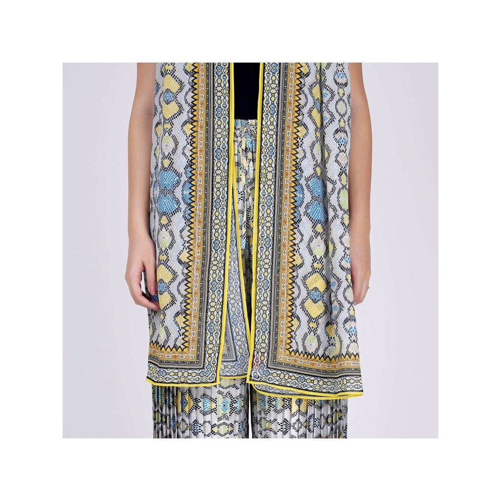 First Resort by Ramola Bachchan Yellow Geometric Pleated Palazzo And Stole Set (Set of 2)