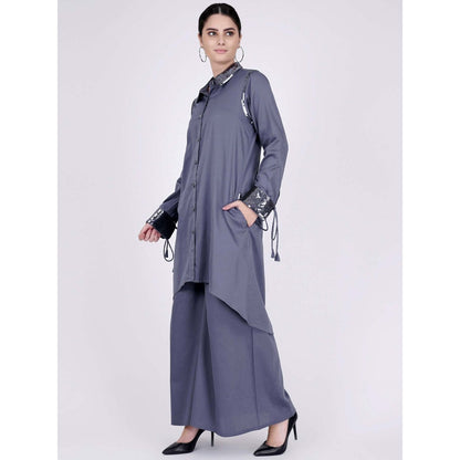 First Resort by Ramola Bachchan Grey Sequined Shirt Dress And Wide Leg Pants (Set of 2)