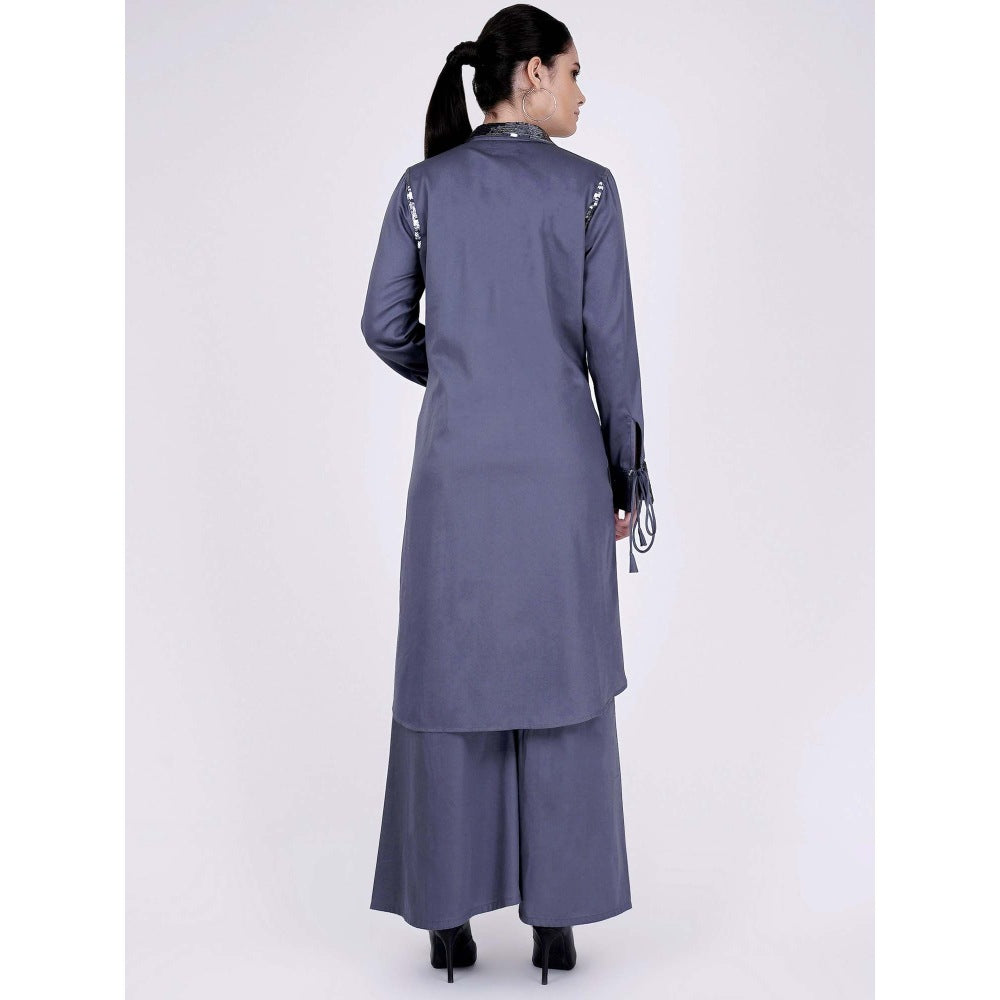 First Resort by Ramola Bachchan Grey Sequined Shirt Dress And Wide Leg Pants (Set of 2)