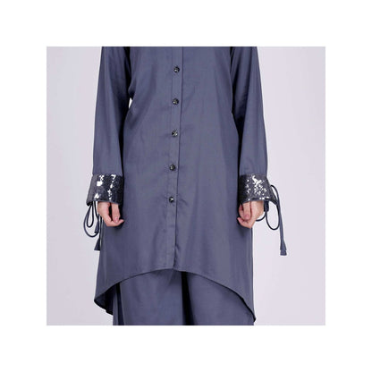 First Resort by Ramola Bachchan Grey Sequined Shirt Dress And Wide Leg Pants (Set of 2)