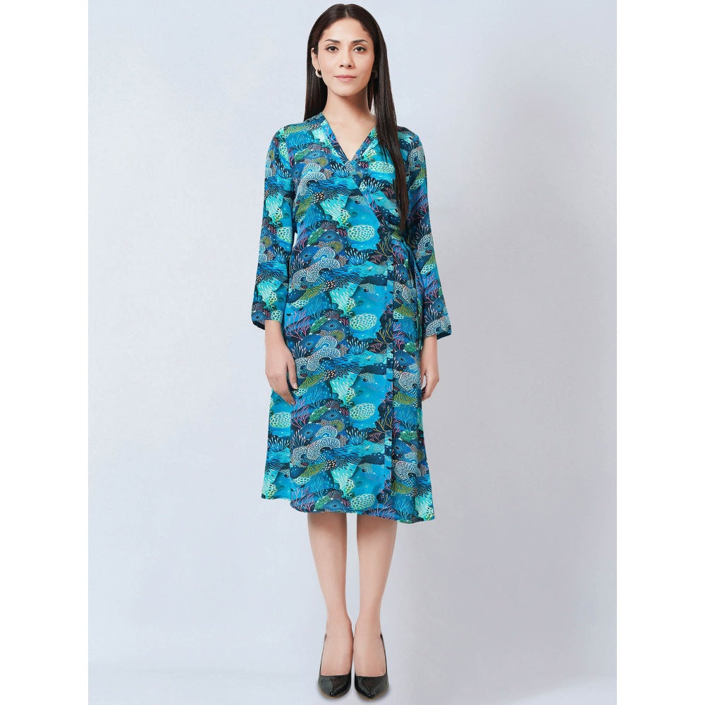First Resort by Ramola Bachchan Blue & Green Sea Jungle Print Wrap Around Dress