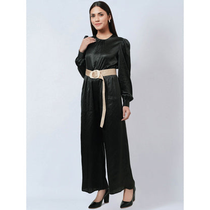 First Resort by Ramola Bachchan Black Textured Jumpsuit with Velvet Belt (Set of 2)