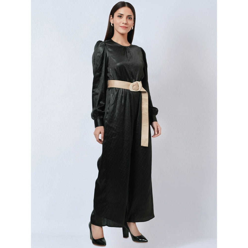 First Resort by Ramola Bachchan Black Textured Jumpsuit with Velvet Belt (Set of 2)