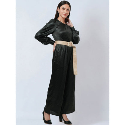 First Resort by Ramola Bachchan Black Textured Jumpsuit with Velvet Belt (Set of 2)