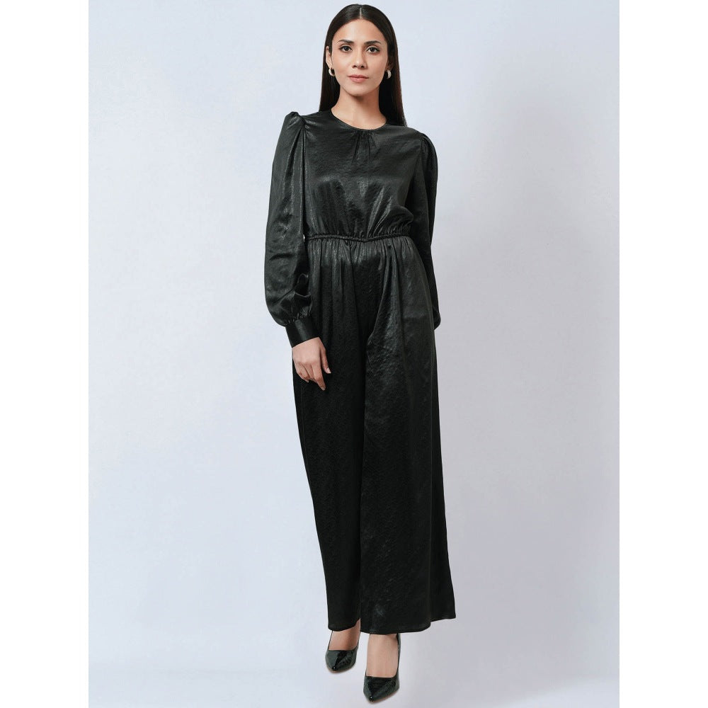 First Resort by Ramola Bachchan Black Textured Jumpsuit with Velvet Belt (Set of 2)