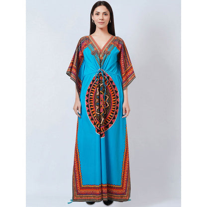 First Resort by Ramola Bachchan Blue Tribal Embellished Flared Sleeves Kaftan Dress