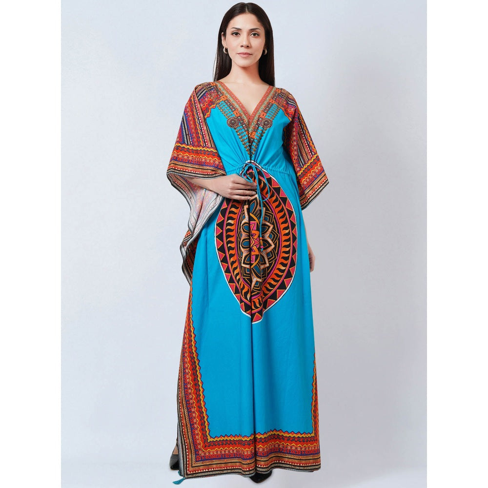 First Resort by Ramola Bachchan Blue Tribal Embellished Flared Sleeves Kaftan Dress