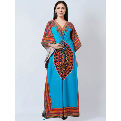 First Resort by Ramola Bachchan Blue Tribal Embellished Flared Sleeves Kaftan Dress