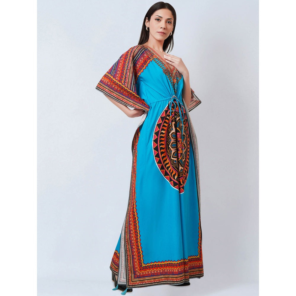 First Resort by Ramola Bachchan Blue Tribal Embellished Flared Sleeves Kaftan Dress