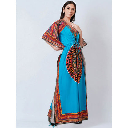 First Resort by Ramola Bachchan Blue Tribal Embellished Flared Sleeves Kaftan Dress