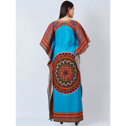First Resort by Ramola Bachchan Blue Tribal Embellished Flared Sleeves Kaftan Dress