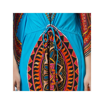 First Resort by Ramola Bachchan Blue Tribal Embellished Flared Sleeves Kaftan Dress