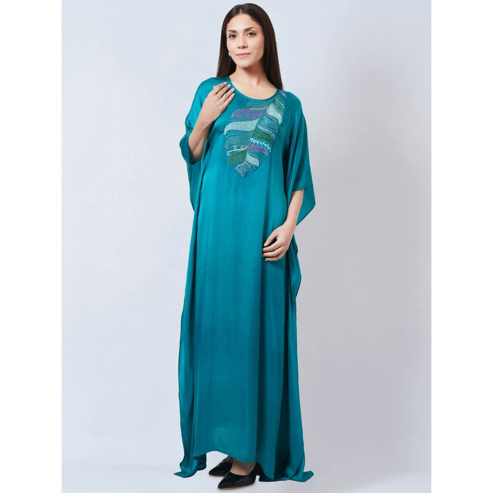 First Resort by Ramola Bachchan Teal Embroidered Flared Sleeves Kaftan Dress