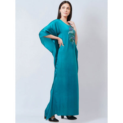 First Resort by Ramola Bachchan Teal Embroidered Flared Sleeves Kaftan Dress