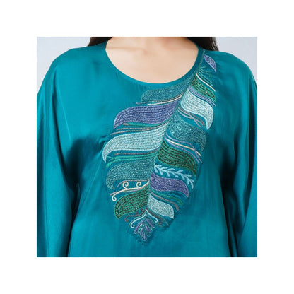 First Resort by Ramola Bachchan Teal Embroidered Flared Sleeves Kaftan Dress