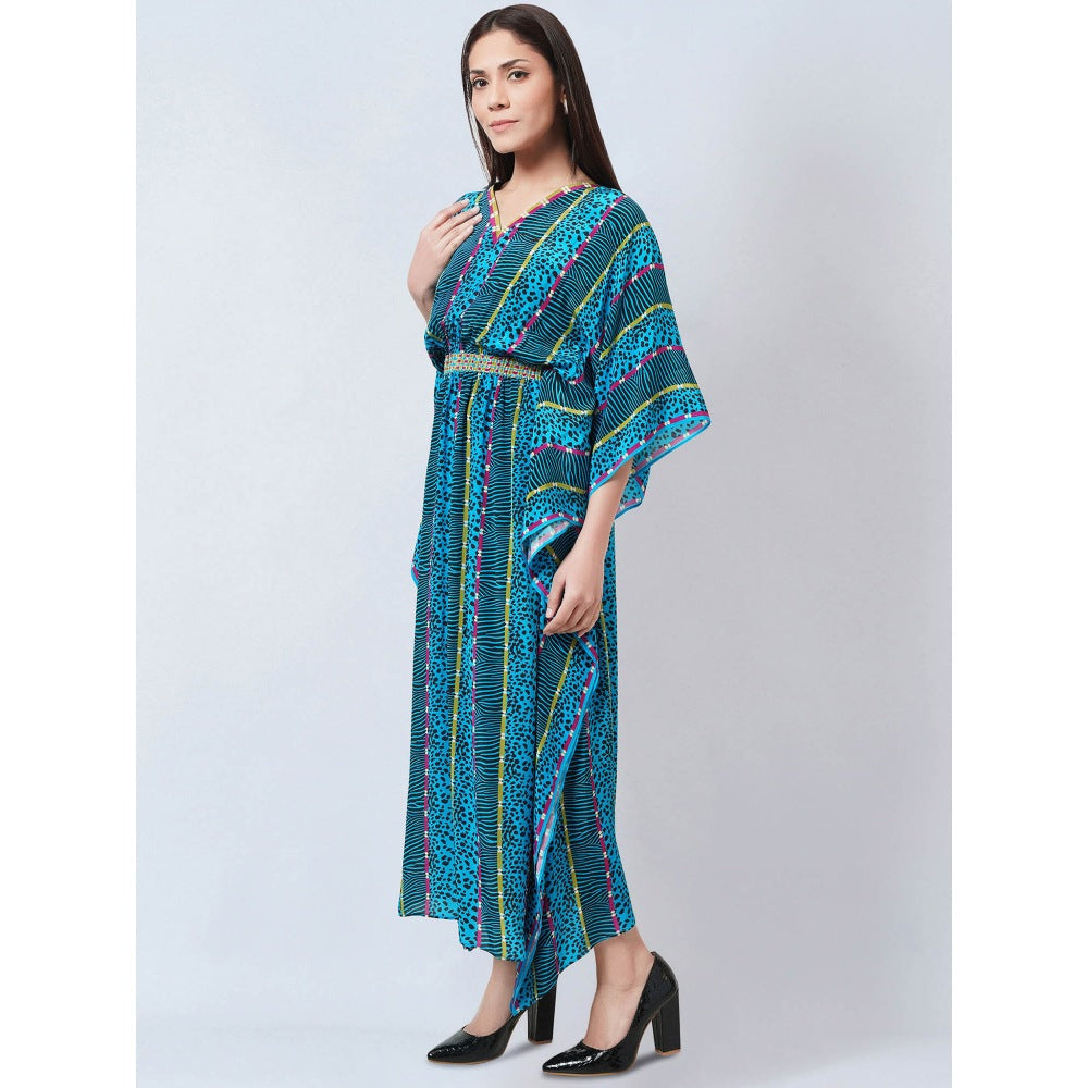 First Resort by Ramola Bachchan Blue Animal Print Silk Flared Sleeves Kaftan Dress