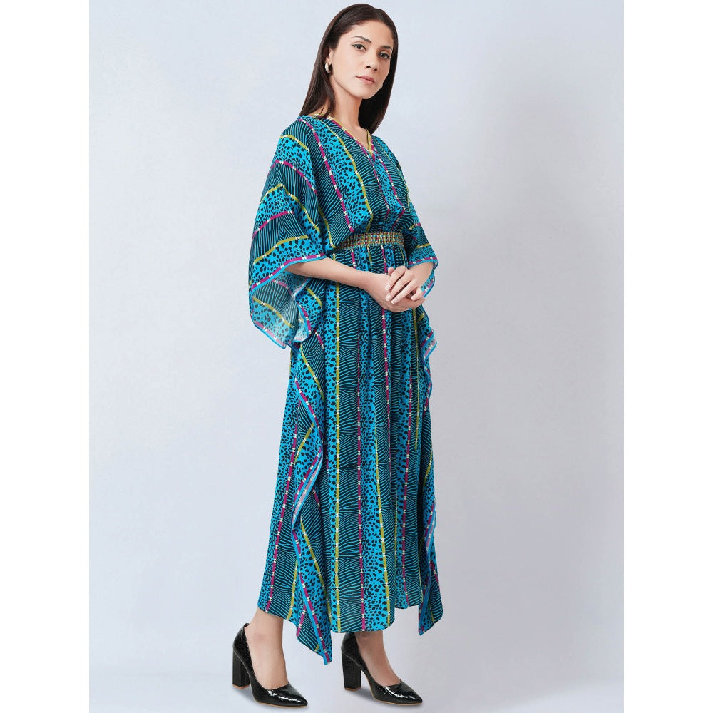 First Resort by Ramola Bachchan Blue Animal Print Silk Flared Sleeves Kaftan Dress