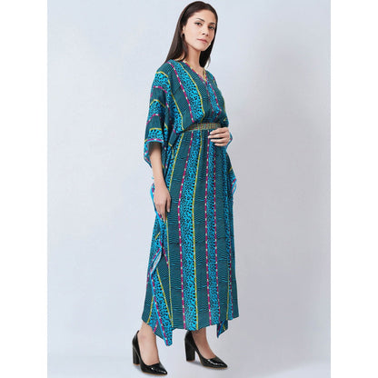 First Resort by Ramola Bachchan Blue Animal Print Silk Flared Sleeves Kaftan Dress