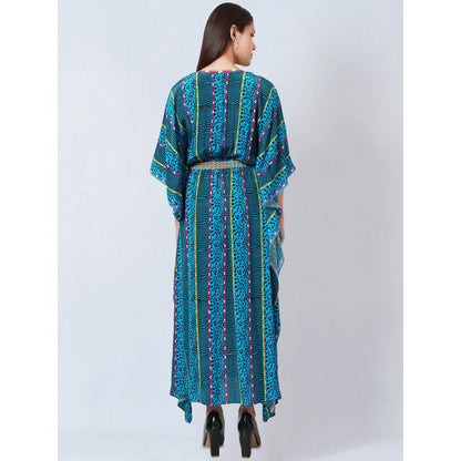 First Resort by Ramola Bachchan Blue Animal Print Silk Flared Sleeves Kaftan Dress