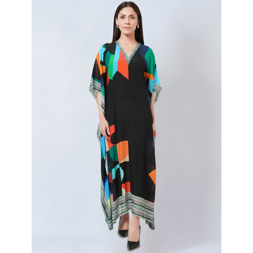 First Resort by Ramola Bachchan Black Graphic Art Print Flared Sleeves Kaftan Dress