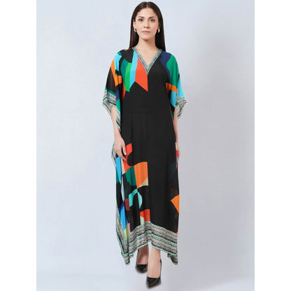 First Resort by Ramola Bachchan Black Graphic Art Print Flared Sleeves Kaftan Dress