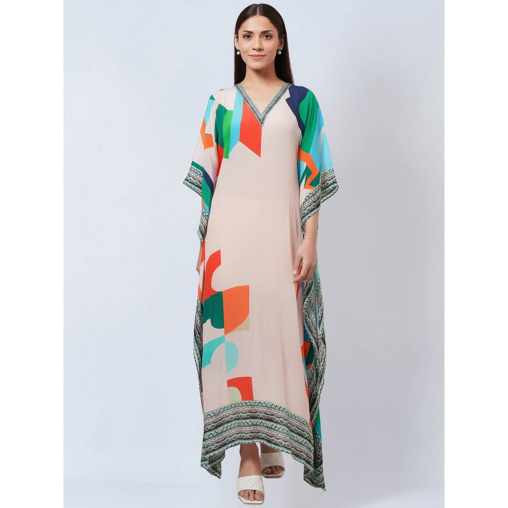 First Resort by Ramola Bachchan Peach Graphic Art Print Flared Sleeves Kaftan Dress