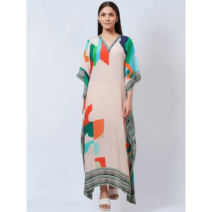 First Resort by Ramola Bachchan Peach Graphic Art Print Flared Sleeves Kaftan Dress