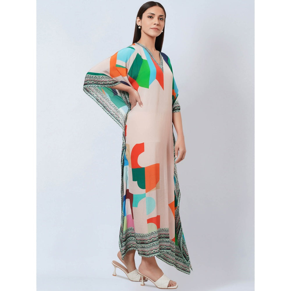 First Resort by Ramola Bachchan Peach Graphic Art Print Flared Sleeves Kaftan Dress