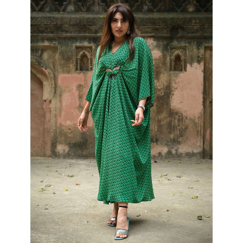 First Resort by Ramola Bachchan Fluorescent Green Silk Kaftan Dress with Butterfly Motif