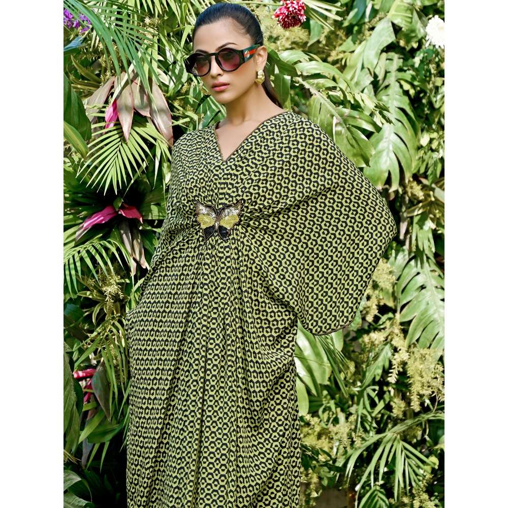 First Resort by Ramola Bachchan Fluorescent Yellow Silk Kaftan Dress with Butterfly Motif