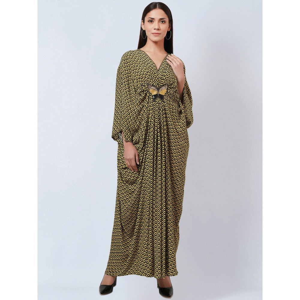 First Resort by Ramola Bachchan Fluorescent Yellow Silk Kaftan Dress with Butterfly Motif