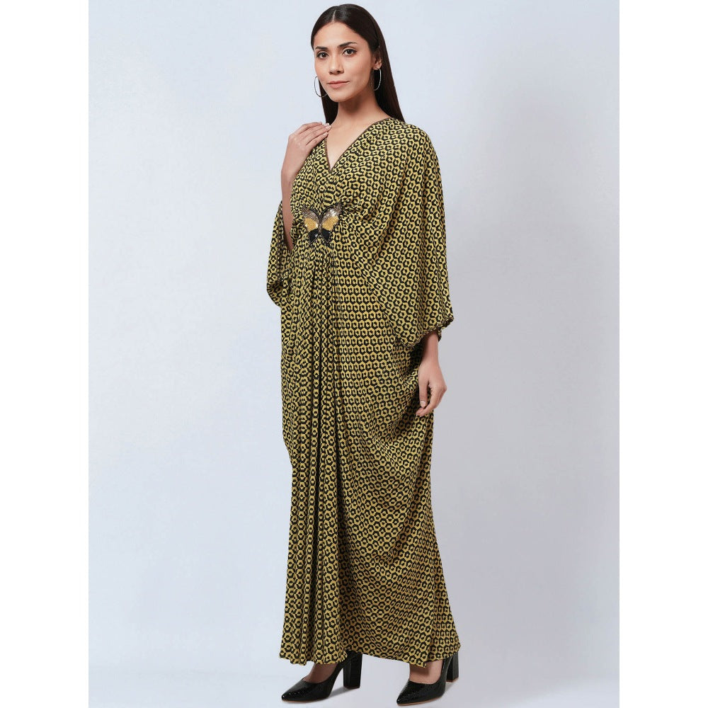 First Resort by Ramola Bachchan Fluorescent Yellow Silk Kaftan Dress with Butterfly Motif
