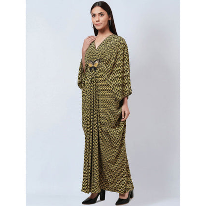First Resort by Ramola Bachchan Fluorescent Yellow Silk Kaftan Dress with Butterfly Motif
