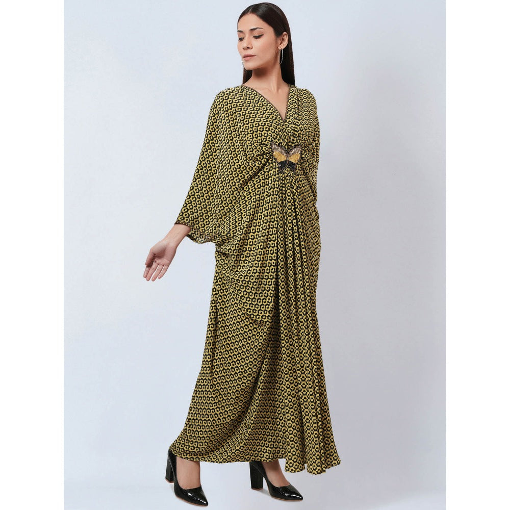 First Resort by Ramola Bachchan Fluorescent Yellow Silk Kaftan Dress with Butterfly Motif