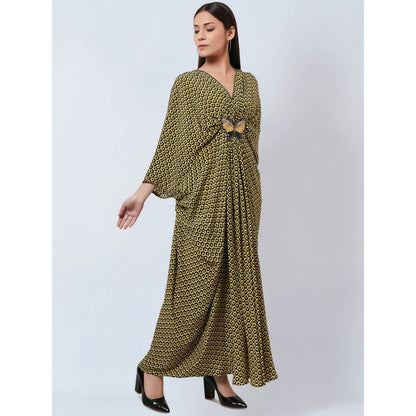 First Resort by Ramola Bachchan Fluorescent Yellow Silk Kaftan Dress with Butterfly Motif