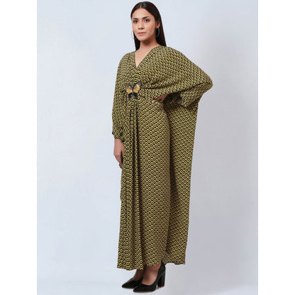First Resort by Ramola Bachchan Fluorescent Yellow Silk Kaftan Dress with Butterfly Motif