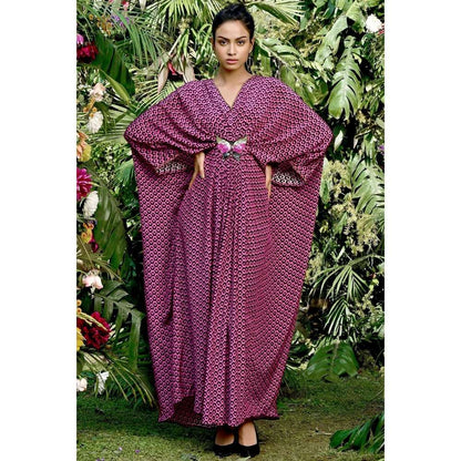 First Resort by Ramola Bachchan Magenta Honeycomb Kaftan Dress with Butterfly Motif