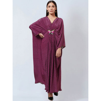 First Resort by Ramola Bachchan Magenta Honeycomb Kaftan Dress with Butterfly Motif