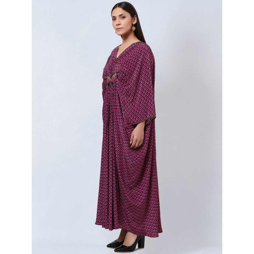 First Resort by Ramola Bachchan Magenta Honeycomb Kaftan Dress with Butterfly Motif