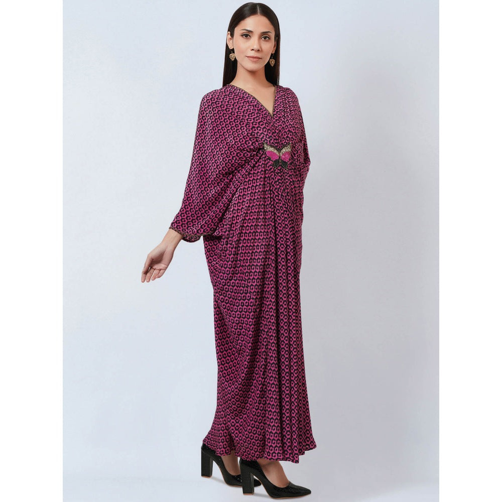 First Resort by Ramola Bachchan Magenta Honeycomb Kaftan Dress with Butterfly Motif