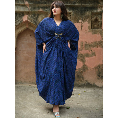First Resort by Ramola Bachchan Slate Blue Honeycomb Kaftan Dress with Butterfly Motif