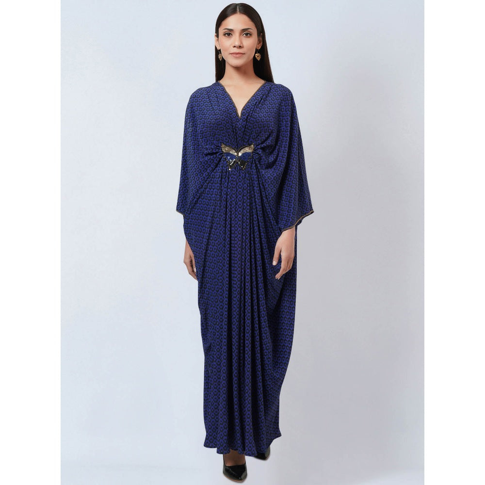 First Resort by Ramola Bachchan Slate Blue Honeycomb Kaftan Dress with Butterfly Motif