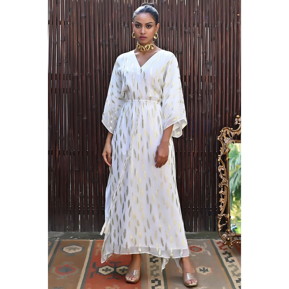 First Resort by Ramola Bachchan Ivory Lurex with Leaf Motifs Kaftan Dress